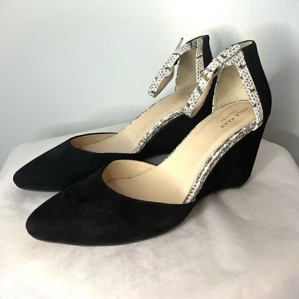 Cole Haan Lara Ankle Strap Snake Black Suede Wedges, 9.5 NWOB
